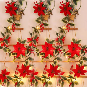 2เมตร เถาวัลย์ใบฮอลลี่เทียม / พร้อมไฟประดับ / เบอร์รี่สีแดงประดับหวายคริสต์มาส / พวงมาลัย DIY / ของประดับต้นคริสต์มาส / ของตกแต่งบ้านปีใหม่