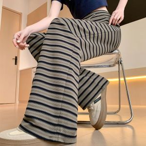 Middle School Girls Embroidered Stripe Wide Leg Pants High Waist Drapey Lazy Style Korean Fashion Casual Pants
