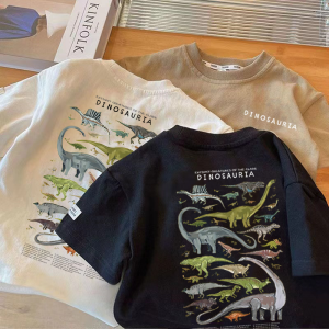 Boys Short-Sleeved T-shirt Dinosaur Family Print Loose Leisure All-Matching Cool Handsome Baby Pure Cotton Top Clothes Ins Trendy