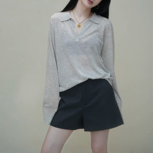 Shalldoer | เสื้อเชิ้ตคอโปโลแขนยาวผู้หญิงสไตล์เกาหลีฤดูร้อนป้องกันแสงแดด สวมใส่สบาย ทรงหลวม แขนยาว ปกโปโล ทรงหลวม