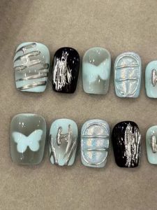 Cute Strawberry Cake Cat Eye Wearable Nails Ice Transparent Black Bow Tie Small Cat Polka Dot Lovely Nail Art Pieces