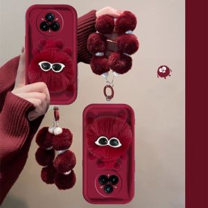 Phone Case Realme 14 Pro + Realme 14X C75x Realme14Pro+ Plus 5G Casing Stylish 3D Red Plush Coal Ball Couple with Pearl Plush Wristband Lens Protection Soft Back Cover 2025