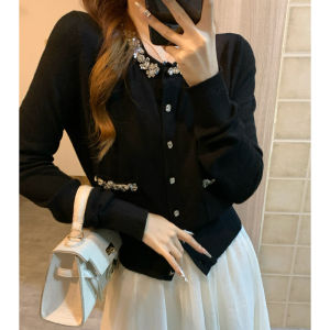 Christmas New Year Red Knitted Sweater Womens Miu Style Diamond Embellished Fashion Outerwear Short Straight Cut Cardigan