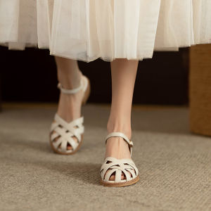 French Vintage Genuine Leather Womens Flats Summer Hollow out Roman Style Sandals Low Cut Slip-On Fashionable Casual Shoes