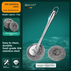 MONLEYTA | Large Long-Handled Wire Brush 304 Stainless Steel Non-Stick Oil Pot Brush For Home Use Kitchen Scouring Ball Pot Cleaner