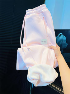 กางเกงวอร์มผู้หญิงเอวสูงบุขนแกะหนา ทรงหลวม สีชมพูอ่อน เทรนด์ฤดูใบไม้ร่วงและฤดูหนาว กางเกงขายาวลำลองสำหรับเดินทาง