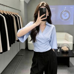 SHUAIYUE | Áo Blouse Nữ Elegance V-neck Dây Nơ Buộc eo Tay 5/8