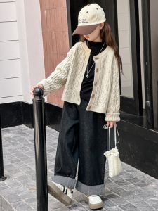 Girls Knitted Twist Sweater Autumn New Style Medium Large Children Versatile Single Button Cardigan Korean Fashion Soft Fabric