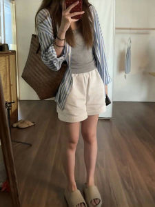 กางเกงขาสั้นทำงานผู้หญิงเอวสูงสไตล์เกาหลี กางเกงขายาวทรงหลวมผ้าฝ้ายแท้สีขาว กางเกงขายาวทรงหลวมเอวสูงสำหรับฤดูร้อน