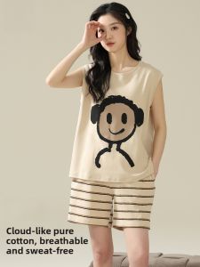 Miiow | Pure Cotton Summer Lightweight Sleeveless Cat Woman Sleepwear Casual Shorts Home Clothes Set Comfortable Breathable Nightgown