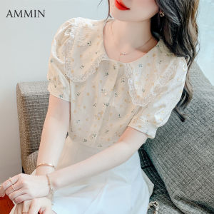 AMMIN summer new fashion temperament ladies short-sleeved doll collar lace chiffon shirt