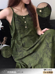 New Chinese Style Cotton Silk Strap Sleep Dress Summer Womens New Butterfly Print with Chest Pad One Piece Dress Long Skirt