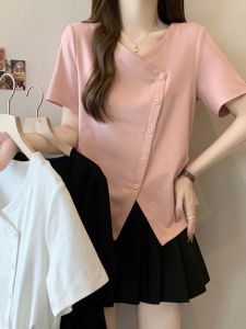 plus Size Womens French Style V-Neck Asymmetric Short Sleeve T-Shirt Summer Slimming Meat Covering Top Commute Casual Polyester Cotton Blend