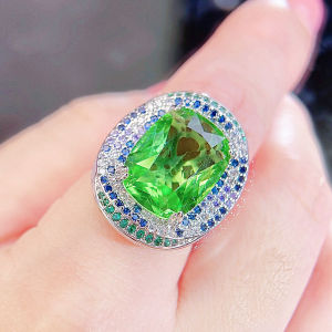 SEQUITO European Style Lady Jewelry White Gold Color Pave Setting Green Stone Zirconia Adjustable Oval Ring Classy Party Clothing Accessories SR144