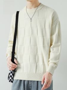 ROMON | Loose Casual Mens Knitted Sweater Romon Pure Color Knitwear White Base Shirt Spring Autumn New Style Korean Trend Round Neck Long Sleeve