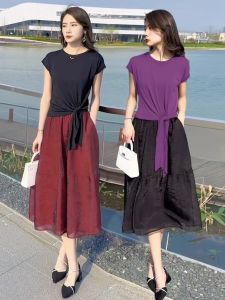 XUNYI | Bộ Áo Thun Tay Ngắn và Chân Váy Cổ Đai Băng