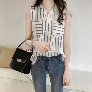 Korean Plus-size V-neck Striped Casual Blouse Sleeveless Chiffon Top