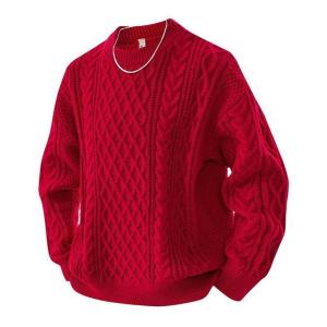 Red Knitted Sweater for Men Couples Lucky Year Twist Purl Autumn Winter Casual Long Sleeve round Neck Top Outerwear