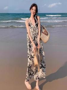 ชุดเดรสยาวคลุมเข่าลายดอกไม้สไตล์ฝรั่งเศสสำหรับผู้หญิงในช่วงฤดูร้อน สไตล์ลำลอง ชุดเดรสยาวคลุมเข่าชายหาด กระโปรงทรงเอ