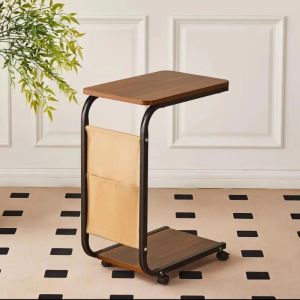 Topstar Movable Side Table with Wheels Storage Bag Wooden Minimalist Coffee Table for Living Room Bedroom Bedside Table