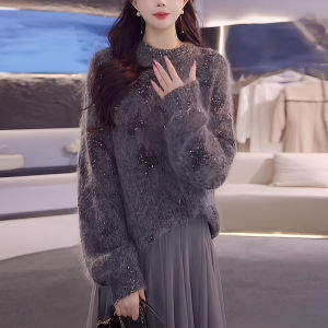 Ladies Heavyweight Hooded Knit Sweater Soft Cozy Base Layer Top Glittery Trendy Fall Winter New Arrival Commute Elegant Style