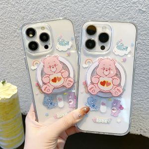 Cute Bear Magnetic Acrylic Phone Case for iPhone 16 pro Womens Style Protective Cover Shockproof Transparent Korean Cartoon