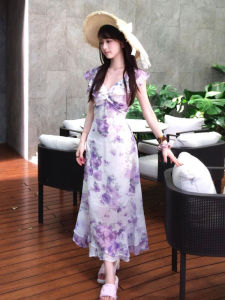 Summer Hot Trend Floral Print V-Neck Dress Beach Vacation Style Fairy Skirt Slim Fit Sister Style Soft Medium Fabric Tour Suitable