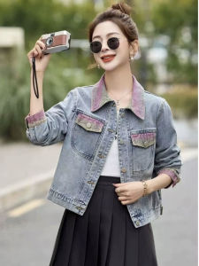 Retro Rivet Embellished Color Block Denim Jacket Womens Casual Spring New Style Cotton Polyester Blend Short Coat Top