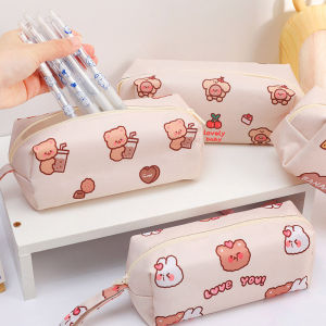 Large Capacity Canvas Pencil Case Student Desk Stationery Organizer Bear Cartoon Print Simple Structure Single Layer Design