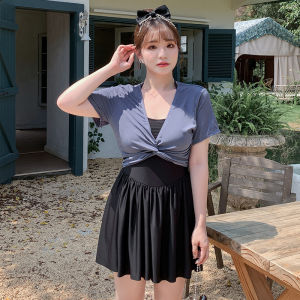 Plus Size Swimsuit Female Plus Size Ladies Dress Type 100.00kg Covering Belly Thin Conservative Short Sleeve Hot Spring Water Park Square Collar 202
