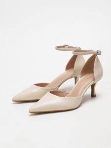 Womens Nude Pointed Toe Ankle Strap Kitten Heel Pumps DOrsay Buckle Mid Heel Shoes