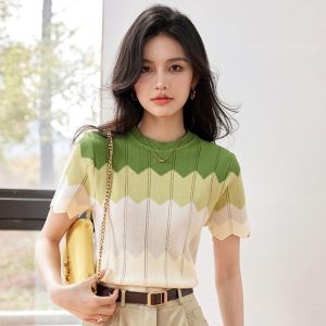 French Style Gradient Contrast Stylish Loose Summer Thin Short-Sleeved Knitwear Womens Slim Looking Silm T-shirt Fresh