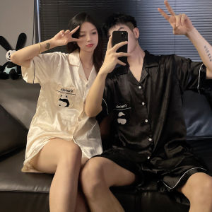 JIJIFA | Cute Panda Pattern Ice Silk Couples Summer Sleepwear Set
