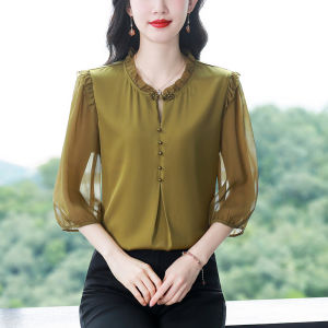 MAIMEI | เสื้อเชิ้ตคอวีแขนสั้นทรงหลวมสำหรับผู้หญิงในฤดูร้อน ทรงหลวม ทรงหลวม แขนกระดิ่ง เสื้อเชิ้ตทรงหลวม ทรงหลวม