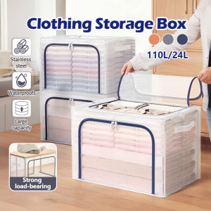 110L Steel Frame Foldable Clothes Storage Box with Dust Cover Wardrobe Closet Drawer Storage Basket Large Capacity Clothes Organizer