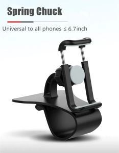 360° Rotation Car Phone Mount - Spring Clip Dashboard Holder No-Block View for 6.7 Inch Smartphones Easy To Install