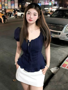plus Size Royal Blue Bow Tie Lace Trim Short Sleeve Womens Shirt Slimming Pure Desire Style Commute Korean Version Summer New