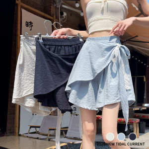 Yimei Quần đùi ống rộng ren hai mảnh với cảm giác cao cấp thiết kế Lụa băng cạp cao của phụ nữ khí chất quần âu ren quần lửng không đều