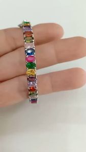 กำไลพลอยสีรูปไข่รอบวง ชุบทองคำขาว ประดับพลอยสีชนาด 4x6 mm. 42 เม็ด เส้นผ่าน ศก. 5.5 cm ราคาพิเศษ