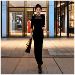 Elegant Black Lace Diamond Embellished Fish Tail Dress Long Sleeve round Neckline Bodycon Gown Fashionable Ladylike Design