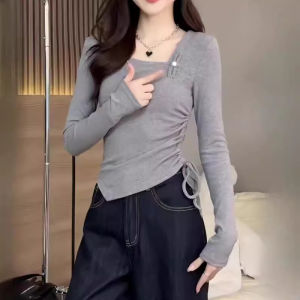 Korean Style Womens Short Sleeveless T-Shirt Drawstring Long Sleeve Irregular Design Sweet And Spicy Slim Fit Base Shirt