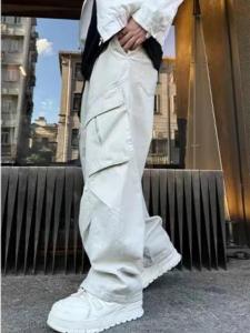 กางเกงขายาวทรงหลวมสไตล์อเมริกันย้อนยุคสำหรับผู้ชาย กางเกงขายาวทรงหลวมหลายกระเป๋า กางเกงขายาวทรงตรงลำลองสำหรับใส่ไปทำงาน