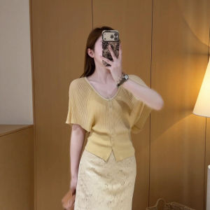 DUOFEIYAN | French V-Neck Yellow Batwing Stitch Knit Blouse Summer Lightweight