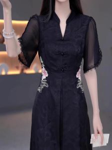 Elegant Retro Chinese Style Womens Dress Slimming Waist Midi Skirt Short Sleeve V-Neck A-Line Summer New Fashion Dress