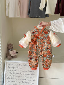 Baby Romper Suit Autumn Winter Fleece Lined Outfit for Newborn Girls with Button Detail Trendy Clothing Cotton Blend Material