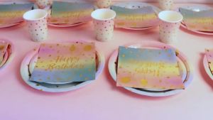 Bộ Đồ Dùng Ăn Uống Dùng Một Lần Màu Cầu Vồng Pastel Có Chấm Vàng - Đĩa Giấy Cốc Khăn Ăn Cho Tiệc Sinh Nhật Đám Cưới