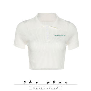 เสื้อโปโลคอตั้งปักลายตัวอักษรทรงเข้ารูป Star2025 สำหรับผู้หญิง ฤดูร้อน 2023 เสื้อแขนสั้นสีพื้น ผ้าฝ้ายผสมโพลีเอสเตอร์