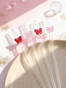 1/2/6PCS Romantic & Bow Glass Straws Reusable Bent Straw for Valentines Day Couples Gift TeaCoffee Anniversary Birthday
