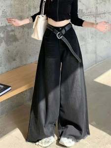 อเมริกันเรโทร สีดำ เดนิม กางเกง ขอบรุ่ย ชายเสื้อขากว้าง ผู้หญิง ฤดูใบไม้ผลิ สั้นสูง เอว พรางหุ่น เดรปยาว กางเกงยีนส์