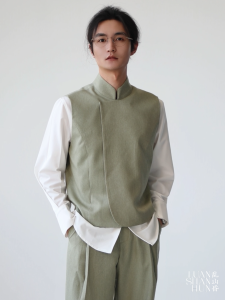 New Chinese Style Light National Trend Stand Collar Shiny Green Vest Hidden Button Design Daily Casual Four Seasons Mens Vest